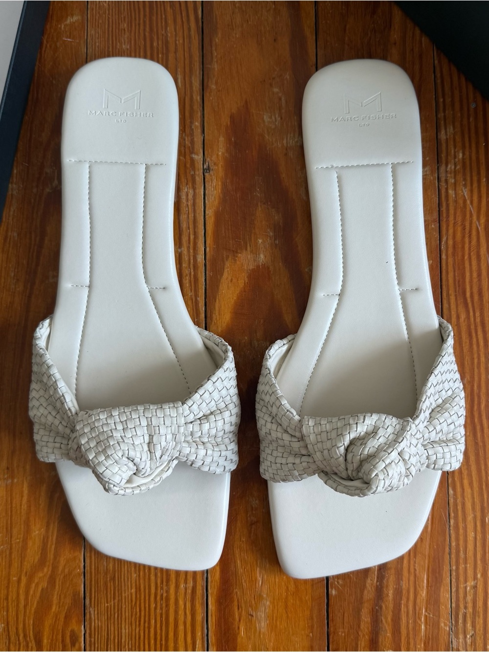 Marc Fisher Ivory Woven Knot Slide Sandals